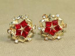 VTG Goldtone Princess Cut Red Glass Clear Rhinestone Flower ...