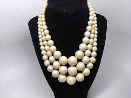 VTG SIGNED HONG KONG TRIPLE STRAND IVORY COLOR PLASTIC ...