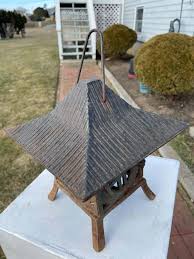 Japanese Old Blue Hand Painted "Mountain Cabin" Garden Lighting Lantern, 13"h - Schneible Fine Arts LLC