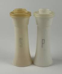 Tupperware White Plastic 6” Hourglass Salt & Pepper Shakers Lids 718-9 | eBay