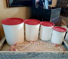 Tupperware One Touch Canister Set of 4 White Pink Lids ...