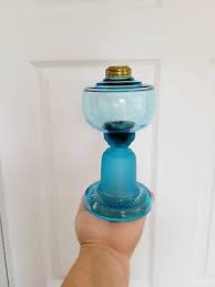 Antique Blue Glass Frosted Stem Kerosene Oil Lamp 8" Tall ...