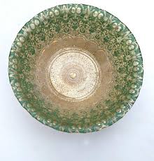 Very Pretty, Vintage Green and Gold Back Painted Glass Bowl ...