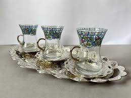 Turkish Tea Set of 3 | Tulip-Shaped Glasses, Saucers, and Tray - Silver Colour | eBay
