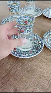 Vintage Turkish Iranian Moroccan Glass Tea Cups with Golden Yellow Tile Pattern, Zam Zam Set of 6 Glass Cups for Zam Zam Water Service (18 pieces), Authentic Tea Sherbet Chai Serving Cups: