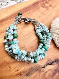 Larimar & Turquoise Triple Strand Bracelet With Fish Charm ...