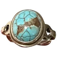 Antique 10K Bezel Set Natural Matrix Turquoise Cabochon Ring Marked . For Sale at Ruby Lane