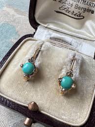 Antique 18K Turquoise and Rose Cut Diamond Dormeuse Earrings ...