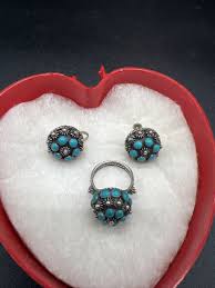 NATIVE AMERICAN ZUNI STERLING SILVER & TURQUOISE Cluster ...