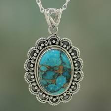 Composite Turquoise Pendant Necklace Handcrafted in India - Royal Halo | NOVICA