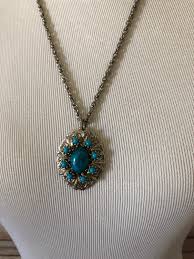 Filigree Turquoise Necklace Pendant Long Necklace Statement ...