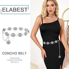 Amazon.com: ELABEST Turquoise Chain Belt Silver Concho Belt ...