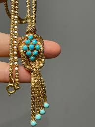 Retro 18K Yellow Gold Turquoise Popcorn Chain Tassel Necklace – W&W Jewelry