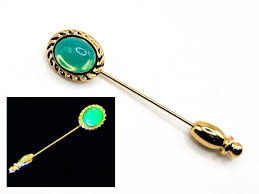 Uranium Glass Stick Pin Gold Tone Blue Green Opal Glass ...
