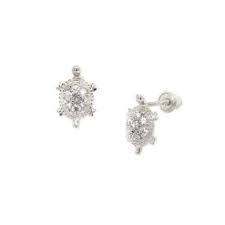 Turtle Screw Back Earrings with Clear CZ in 14K White Gold - The Jewelry Vine