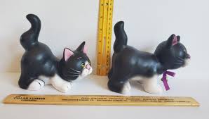 2 Kitty Cat Figurines Black White Tuxedo Animated Playful ...