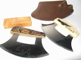 2 Alaska ULU Knives w/Ivory & deer antler Handles 6"Bladew/Wood &Leather Holders | eBay