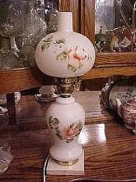 Milk glass hand painted lamp, marble base (item #546303)