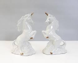 Vintage Ceramic Unicorn Bookends White Gold Mid Century ...