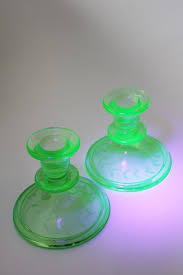 vintage uranium green depression glass candle holders, laurel band wheel cut etched