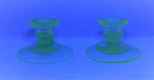 Pair Of Green Glass Juicer Lids, 1 Uranium Glass
