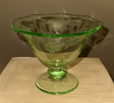 Vintage Uranium Green Glass Pedestal Candy Dish Bowl Etched ...