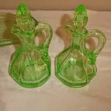 Lot #90 - Vintage Green Uranium Glass Citrus Juicer & Cruet Set - NorCal Online Estate Auctions Estate Sales & Liquidation Service