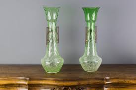 Pair of Large Art Nouveau Green Crackle Glass and Pewter ...