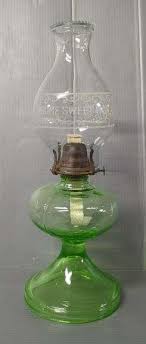 White Flame Light Co. Uranium Glass Oil Lamp With Clear Glass "Home Sweet Home" Chimney, 17" Tall - Mayo Auction & Realty