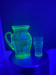 Vintage Uranium Green Glass Pitcher Set: Etched Flowers, 6 Pieces - Etsy Denmark