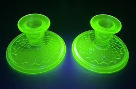 Pair of Green Depression Glass Candle Holders Diamond ...