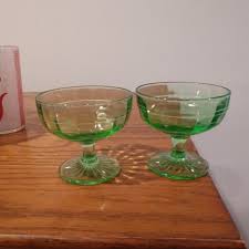 2 Uranium Green Depression Glass Sherbets by Anchor Hocking Block Optic - Etsy