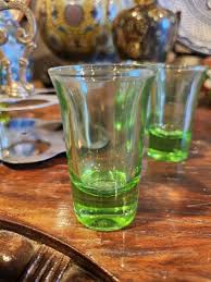 Uranium Glass Art Deco Shot Glasses And Carrier Holder | eBay