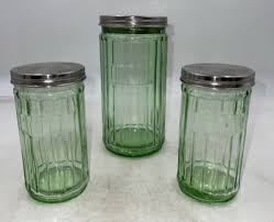 Vintage Green Glass Jars Canister Set Of 3 With Shaker Lid ...