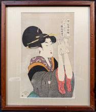 Sold at Auction: Utamaro (1753), ANTIQUE JAPANESE WOODBLOCK PRINT BY KITAGAWA UTAMARO (1750-1806) TITLED READING A LETTER, 16IN x 18.5IN (41cm x 47cm)