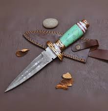 Damascus Steel Blue Resin Dagger Knife