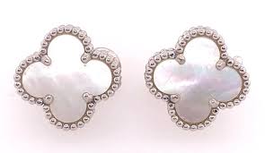 Vintage Van Cleef and Arpels 18 Karat White Gold Mother of Pearl Alhambra Earrings at 1stDibs | van cleef white pearl earrings, van cleef & arpels earring, white gold & mother-of-pearl -