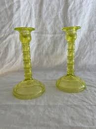 Vaseline yellow glass pillar candlestick holders | eBay