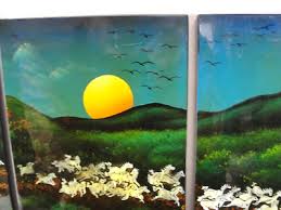 black lacquer mother of pearl hand painted wall plaque set lot 4 panel horse vtg