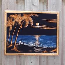 Mid-century Moonlit Tropical Ocean Beach Still Life Velvet Painting, MCM Tropical Beach Moonlit Velvet Painting W Original Faux Bamboo Frame - Etsy