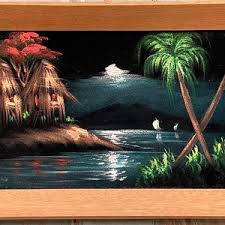 Original 1960's Signed Black Velvet Tropical Island Painting With Teak Frame. - Etsy Australia