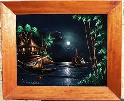 Vintage velvet painting tropical tiki scene moonlight ocean Hawaii framed signed | #1728585719