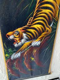 Vintage Painting on Black Velvet Hanging Scroll Yellow Tiger Hanging Scroll | EstateSales.org