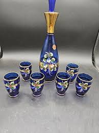 VTG. Hand Painted Decanter w/6 Shot Glasses Colbalt Blue/Gold Italy | eBay