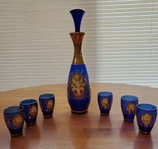Bohemian cobalt blue glass with gilt trim enameled floral decanter set 6 glasses | eBay