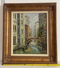 Bridge over Water Canal Oil Painting on Canvas, Framed | eBay
