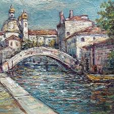 Vintage French Oil Painting Venice Italy Canal Bridge Church ...