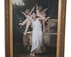 F62019EC: Large Framed Oil Print on Canvas of Girl & Cherubs ...