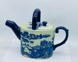 Vintage- Flow Blue Victoria Ware Ironstone Teapot- Traditional Asian Village Scene - Etsy