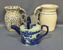 P.R. Storie Ceramic Pitchers, Qty 2, Flow Blue Ironstone Teapot, And Imperial Glass Co Pressed Glass Pitcher - Mayo Auction & Realty